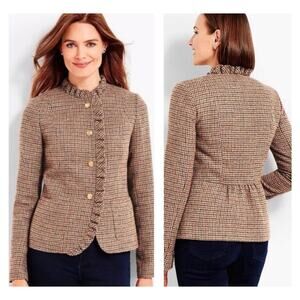 Talbots Brown Houndstooth Wool Blazer Womens Petite Sz 2 Old Money Career Ruffle